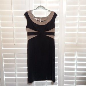 MAGGY LONDON SZ 8 DRESS BLACK IVORY SLEEVELESS BODYCON SCOOP NECK KNEE LENGTH